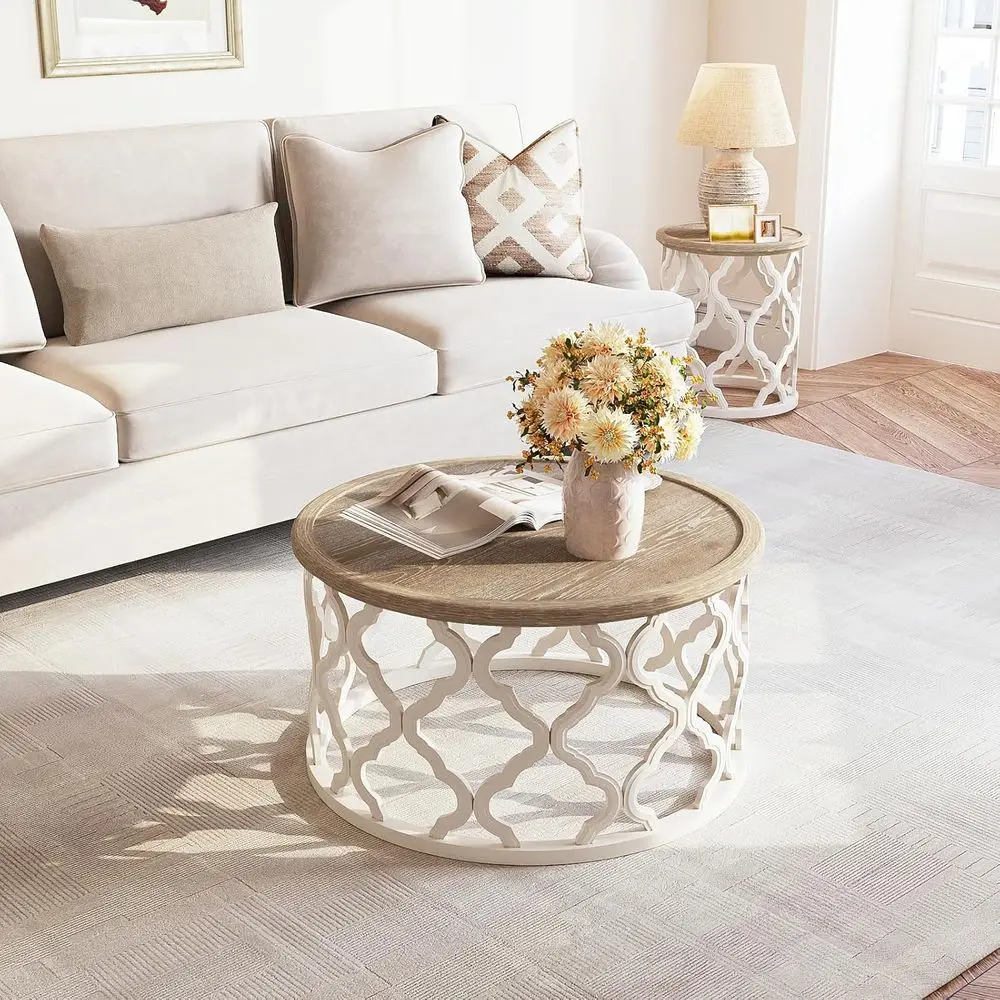 French Country-Style Distressed Round Coffee Table with Curved Frame Base for Boho Living and Dining Spaces