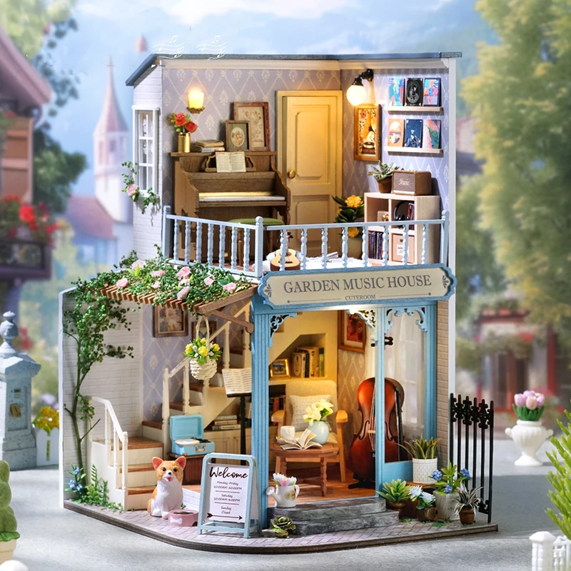 DIY Holz Puppenhaus Café Miniatur Möbel Kit Garten Musik Haus Montage Spielzeug für Kinder Erwachsene Weihnachtsgeschenk Casa