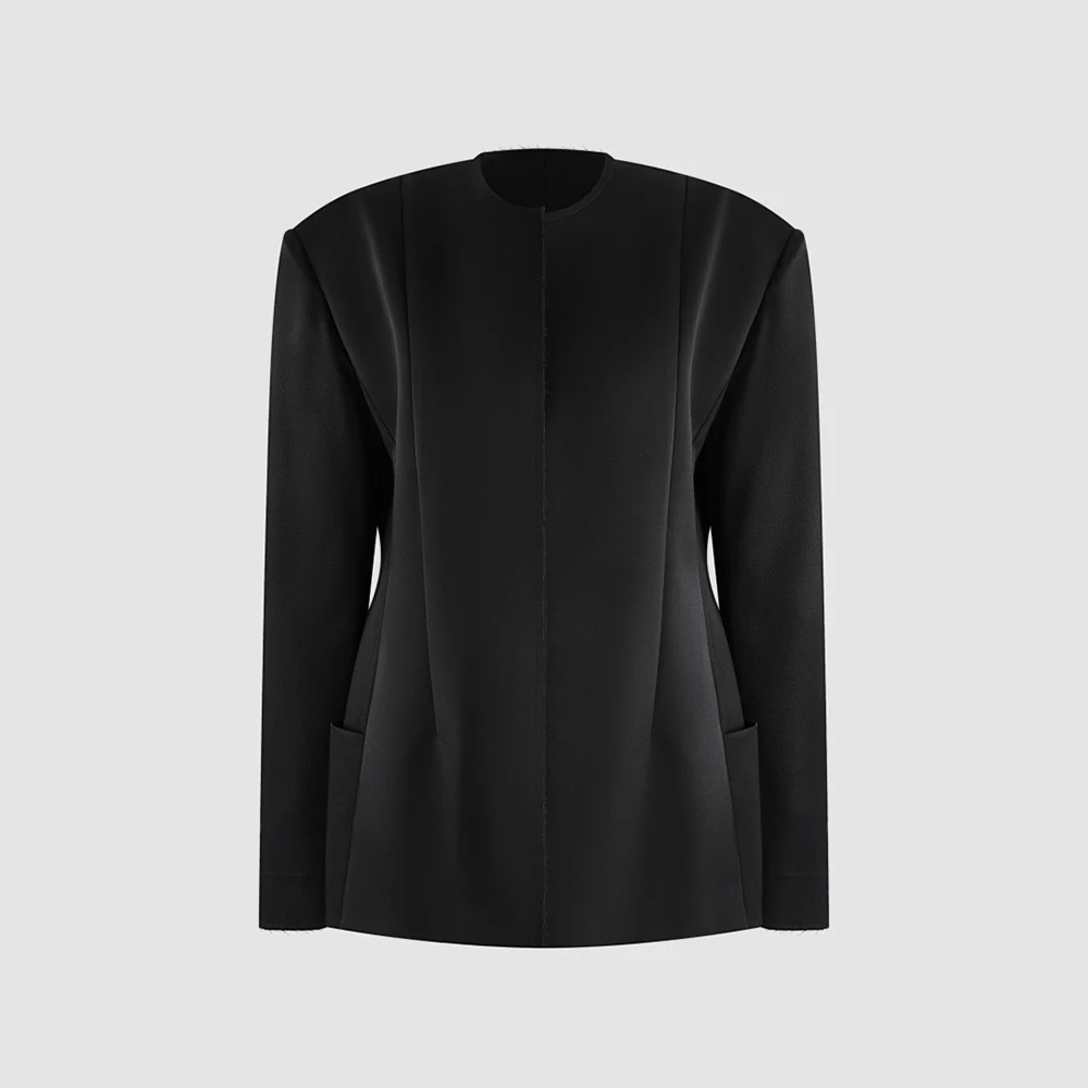 Women Jacket Round Neck Shoulder Pad Design Side Pockets Long Sleeve Elegant Office Lady Business Casual Outerwear Coat