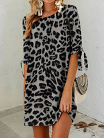 Retro Leopard Print Dress Women's Summer New Half Sleeve Round Neck Casual Loose Knee Length Short Dress