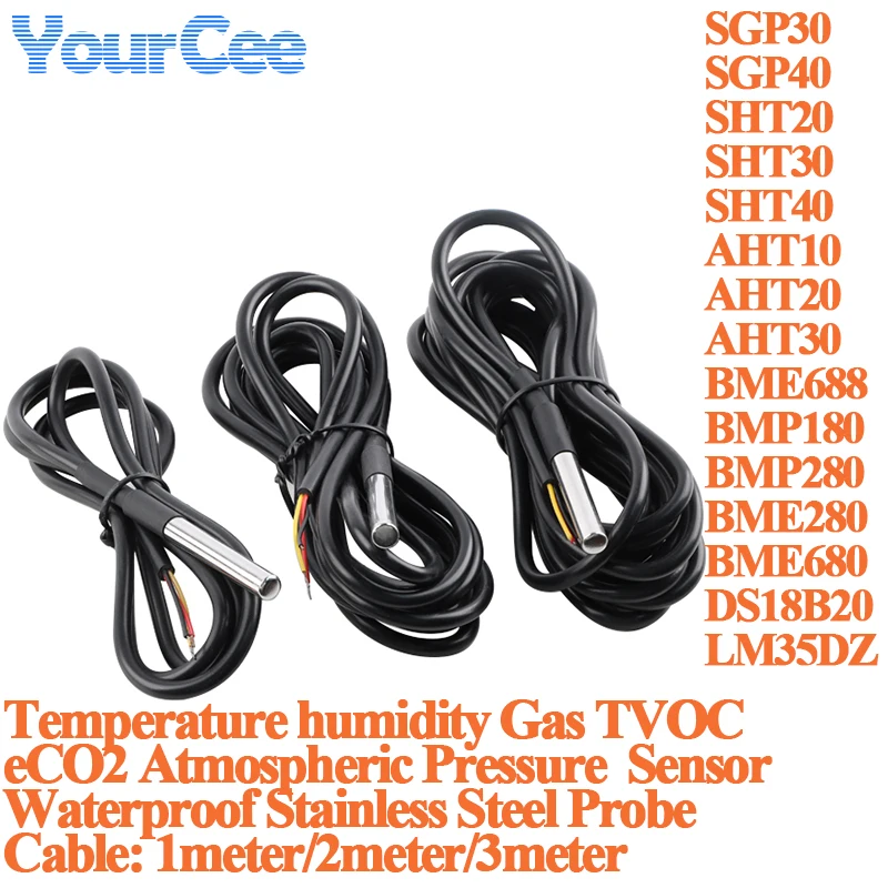 Stainless Steel Probe Cable Temperature Humidity Gas TVOC ECO2 Atmospheric Pressure Sensor LM35DZ DS18B20 SHT20 SHT30 BMP280