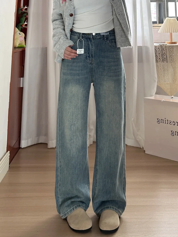 

Retro High Waist Loose Wide Leg Blue Jeans Women's Casual Style Faded Cotton Polyester Blend Anti-Wrinkle Jeans