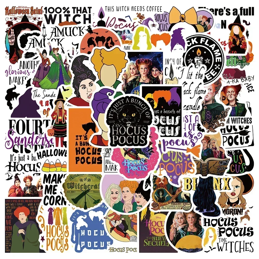 50 Uds. Pegatinas de Hocus Pocus de bruja de Halloween de terror, calcomanía de Disney, monopatín, teléfono, equipaje, portátil, coche, pegatinas impermeables, juguete para niños