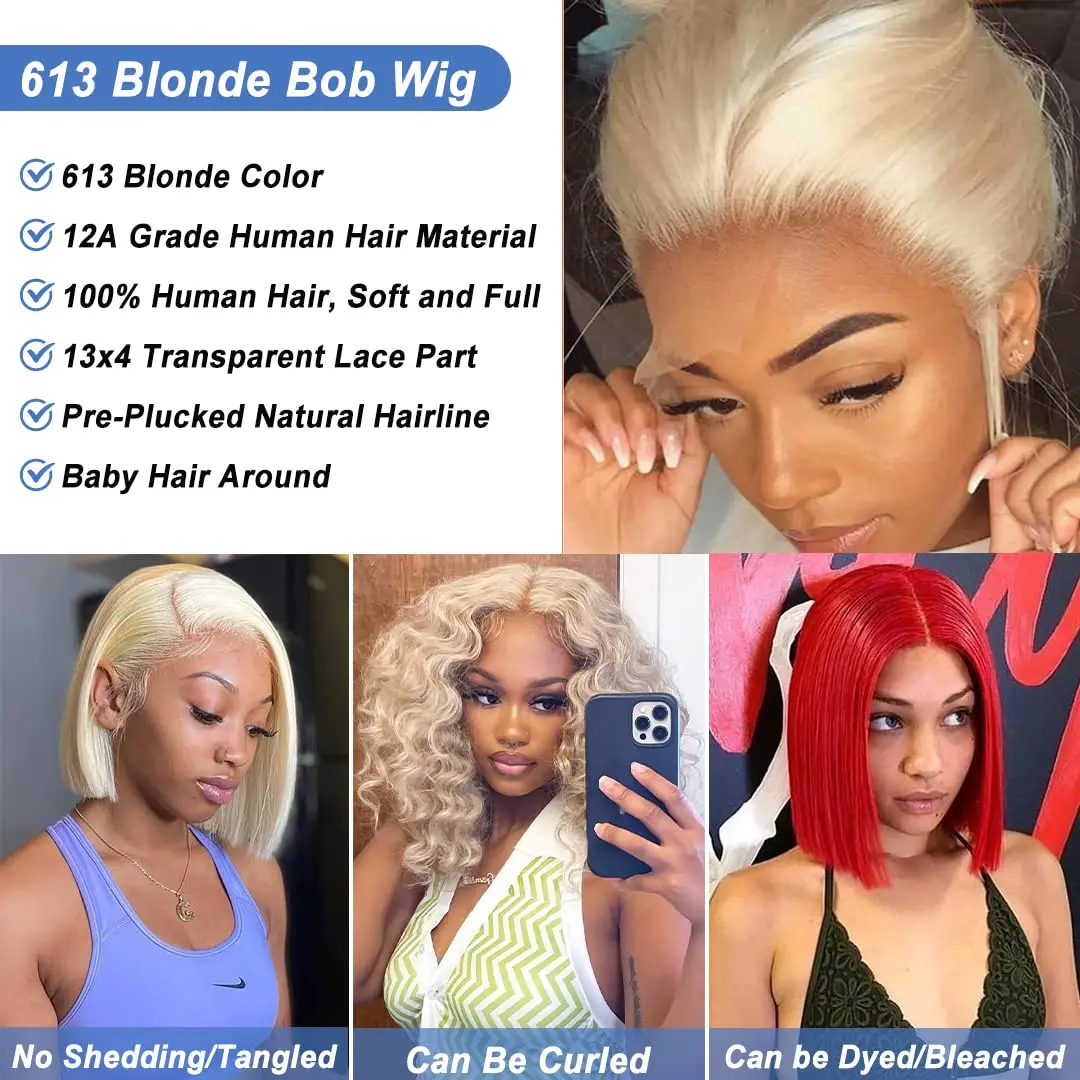 Blonde Bob Lace Front Wig, Cheveux humains, Pré-plumé, 13 age, 613, 12A, 180%