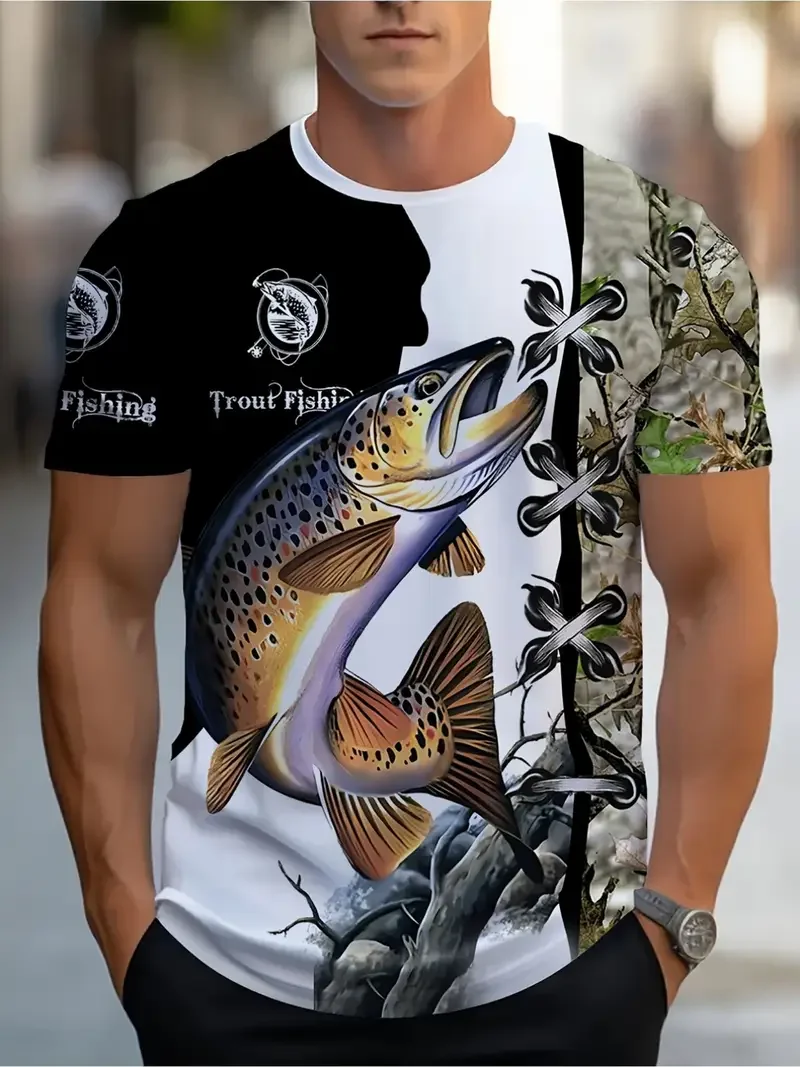 

Men's fishing enthusiast round neck 3D printed pattern plus size casual sports style summer T-shirt top