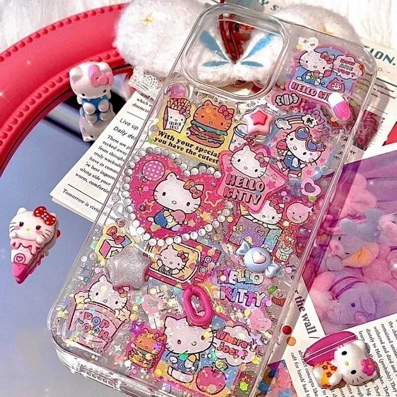 Kawaii Hello Kitty DIY IPhone Case Cute Cartoon KT Drip Adhesive Stickers 16 15 14 13 Shell Anime Iphone11 Xr Xsmax 7p Cases Toy