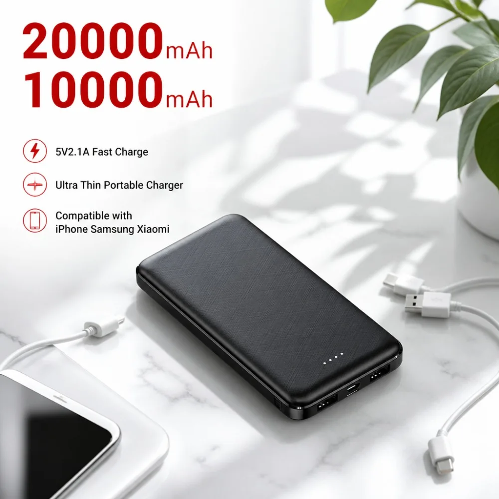 20000mAh 10000mAh Power Bank Fast Charging 5V2.1A Ultra Thin Portable Charger External Battery for iPhone Samsung PowerBank