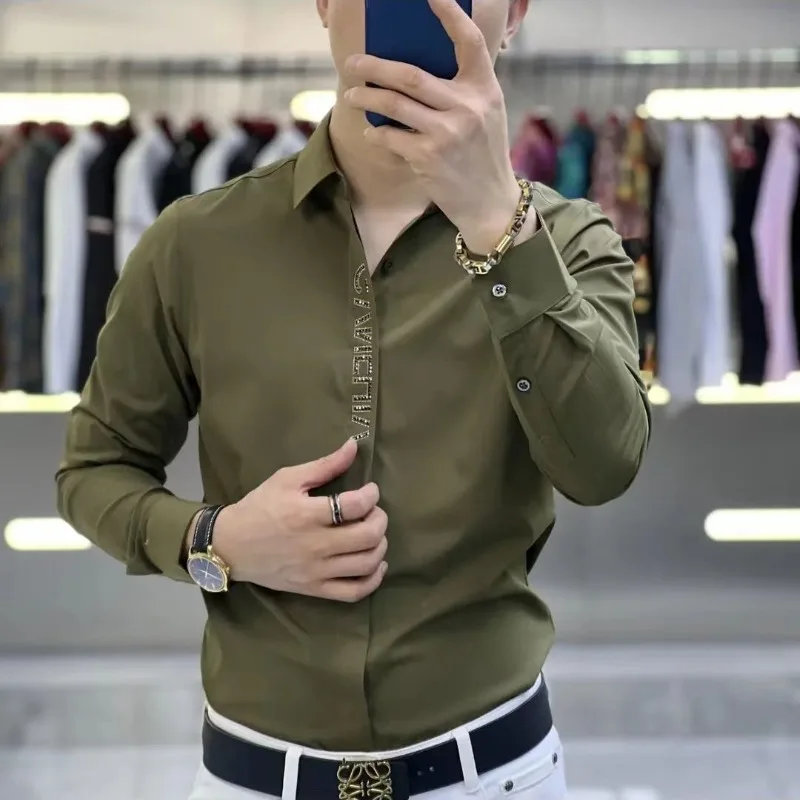 

Spring Autumn New Solid Color Cardigan Covered Button Square Collar Diamonds Men's Shirt Long Sleeve Fashion Slim Handsome Tops