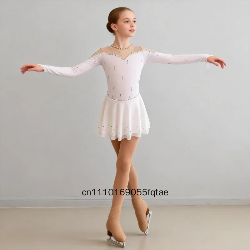 White Figure Skating Dress Girls Women Stretchy Mesh Professional Competition Test Training Performance Ice Skating Costume