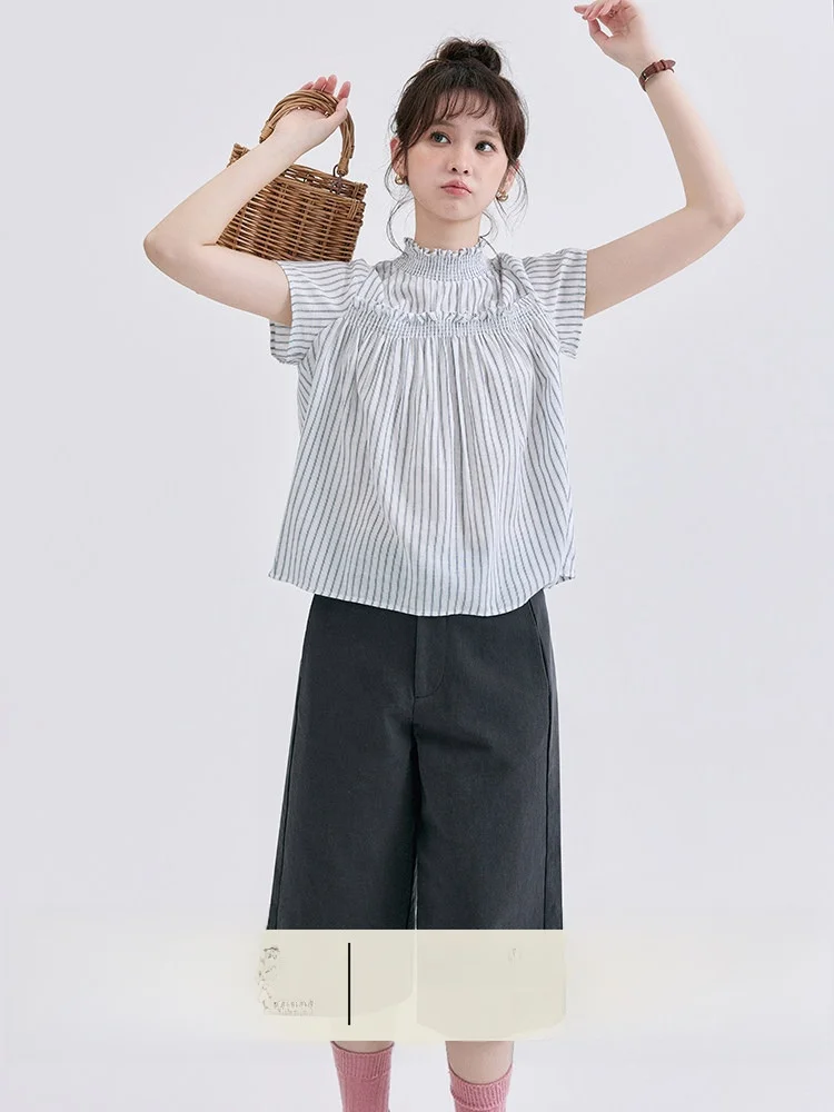 

AMUU Original Stripe Loose Short Sleeve Shirt Women's Summer New Style Half High Collar Floral Casual Breathable Cotton ...