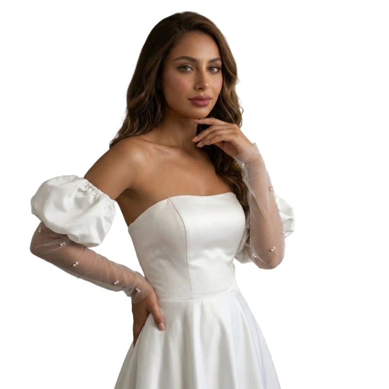  Satined And Tulle Wedding Gloves Pearls Decors Arm Sleeves For Bridal Photography