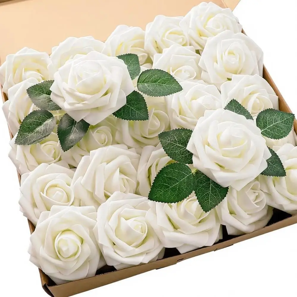 

25-Piece Artificial Ivory Cream Roses with Stems for DIY Wedding Bouquets, Bridal Showers, and Party Table Decorations