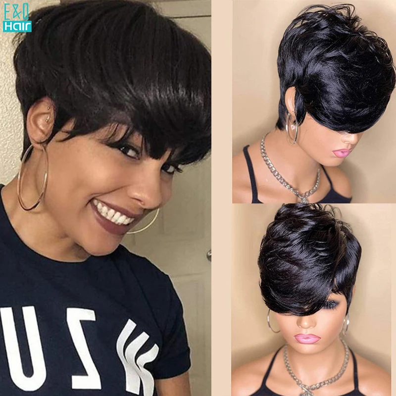 Eq Korte Rechte Zwarte Natuurlijke Kleur Voor Vrouwen Guless Slijtage En Ga Full Machine Gemaakt Menselijk Haar Pruiken Braziliaanse Remy Pixie Cut