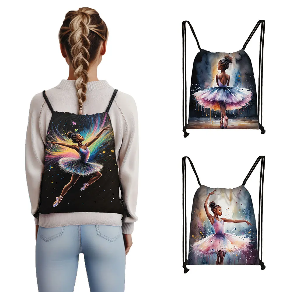 Afro Dancing Girl Print Drawstring Bag for Travel Ballet Girl Princess Teenager Bookbag Backpacks Day Bag Shoes Holder Gift