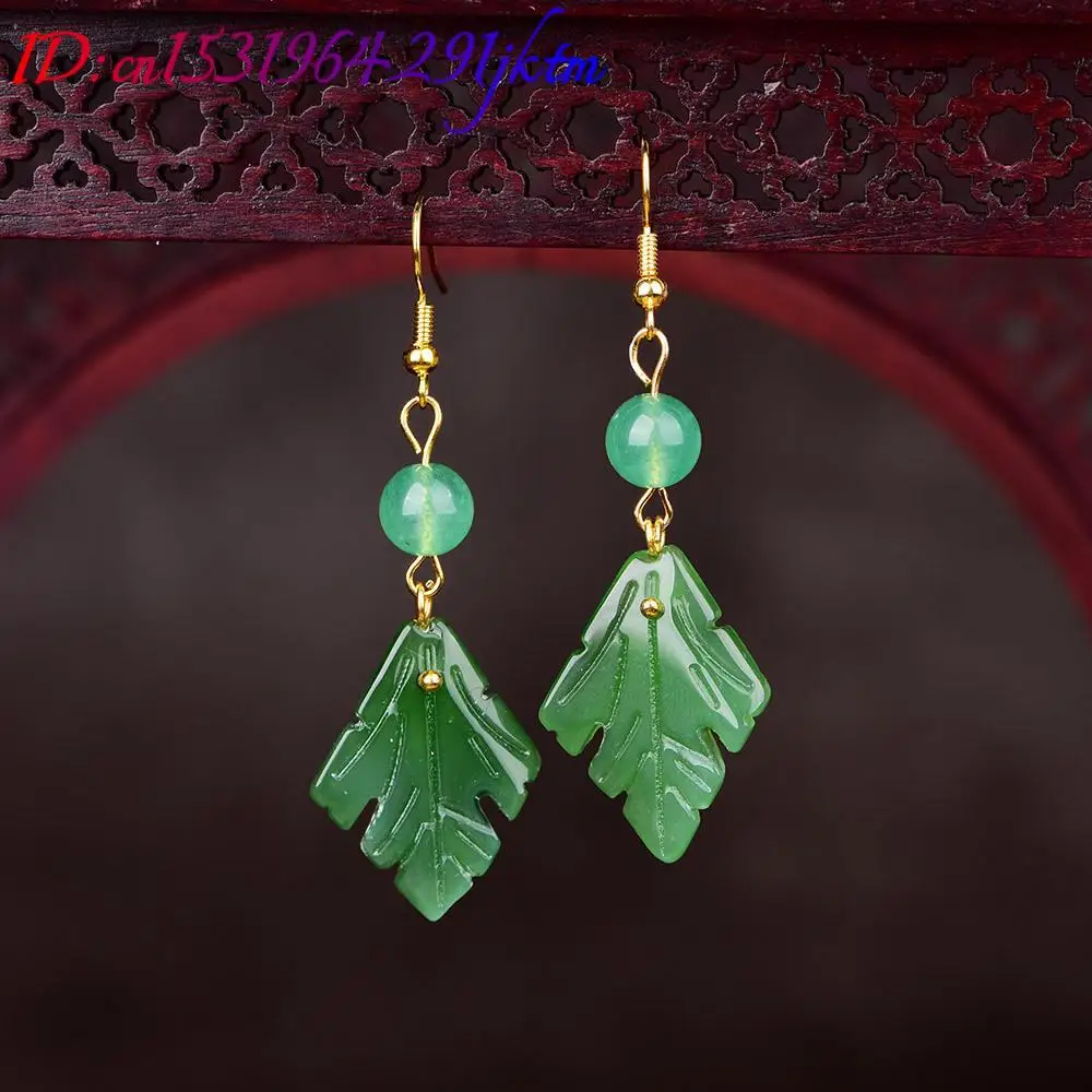 Natural Jade Leaf Earrings Fashion Accessories Luxury Carved Gemstone Designer 18K Gold Plated Stone Amulet Charm Real Jewelry