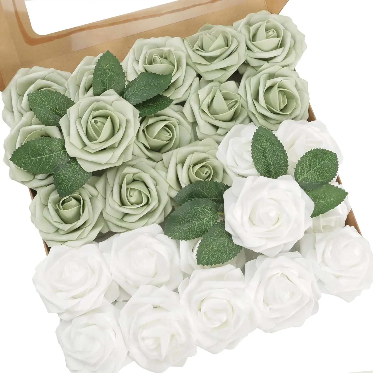 25pcs Artificial Rose for Wedding Arrangements,Sage Green and White Foam Flowers with Stem for Bridal Shower Party Home Decor
