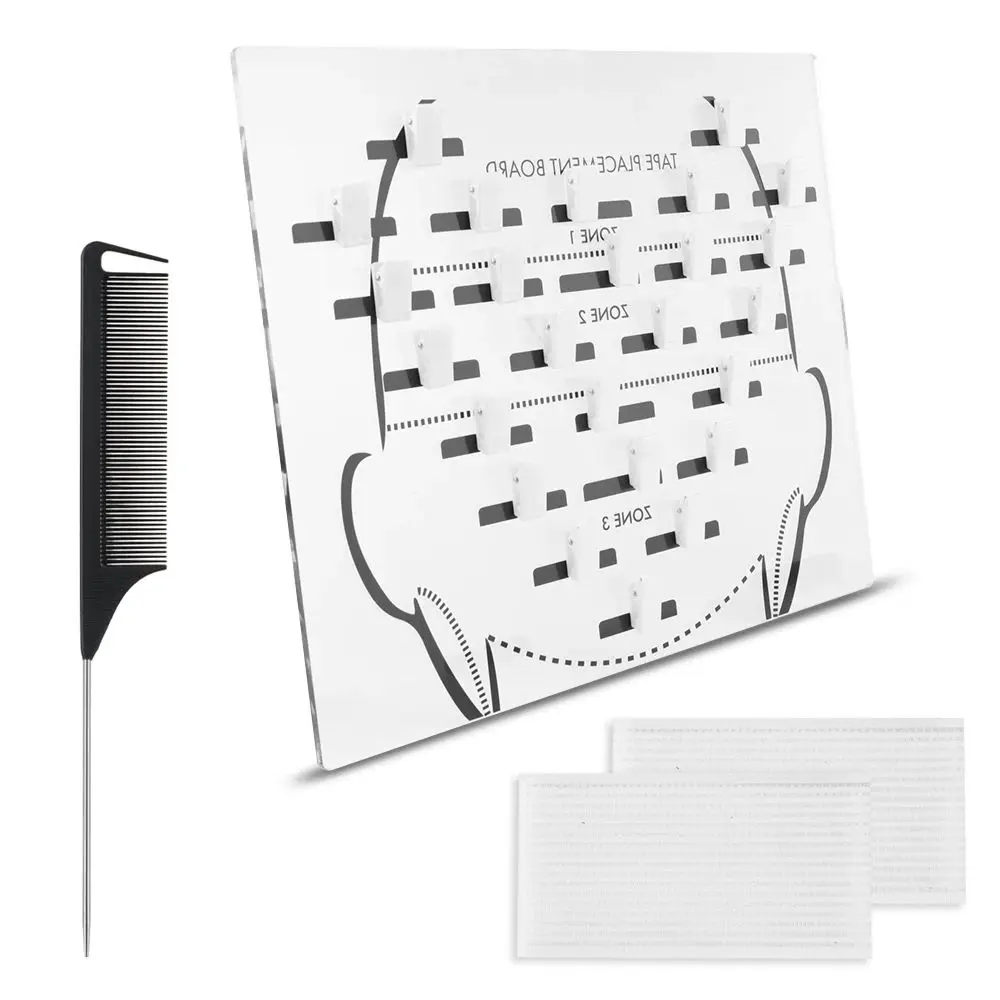 ARLANY テープインエクステ用配置ボード、25個のクリップ付き、テープインエクステ用ヘアセパレートプレート、アクリル製ヘアエクステオーガナイザー
