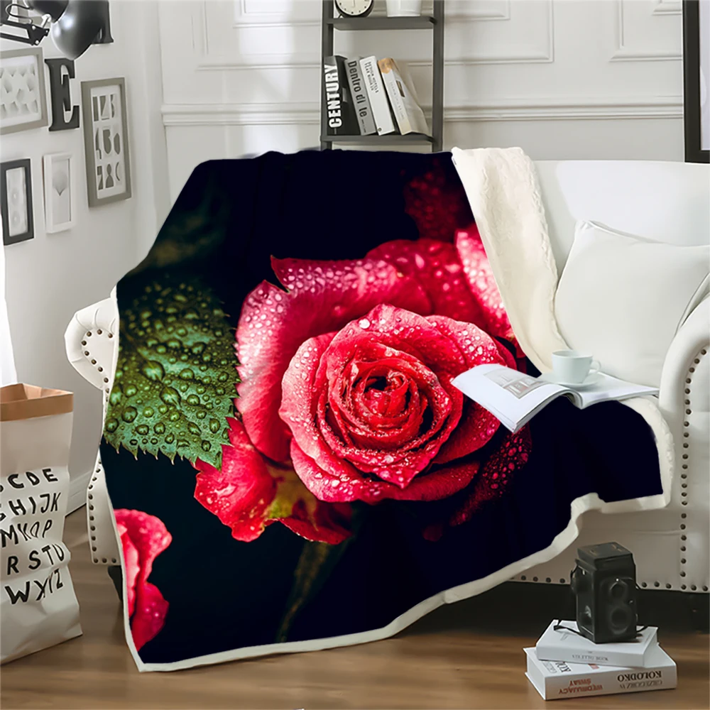 

HX Fresh Flowers Art Blankets Rose In Dew 3D Printed Throw Blankets for Bed Nap Keep Warm Double Layer Quilts 75x100cm