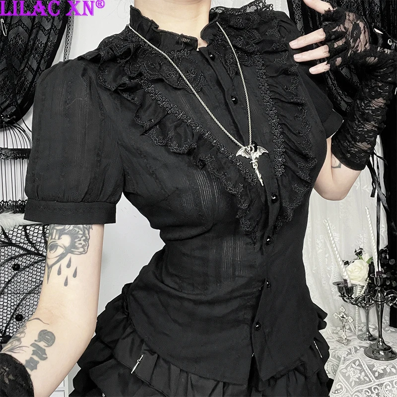 

Y2K Vintage Black Fungus Lace Trim Short Sleeve Shirts Women Blouses Goth Aesthetic Button Corset Tops Summer New Fashion Top