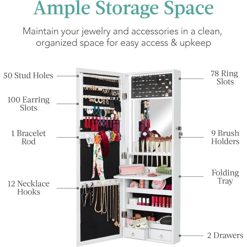 خزانة مجوهرات بمرآة LED قابلة للقفل مثبتة على الحائط مع درجين ورفوف صينية مستحضرات التجميل ومنظم أبيض