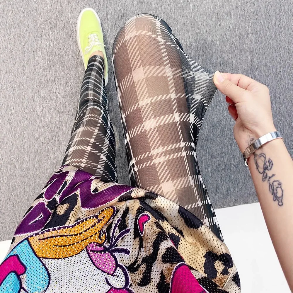 Retro Plaid Printed Women's Mesh Leggings Summer Thin Sheer Single-Layer High-Elasticity Hottie Sexy Tight Cropped Pants