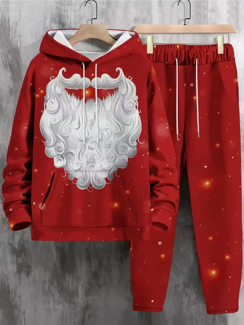 Outono e inverno masculino conjunto com capuz natal impresso padrão conjunto com capuz esportes de rua conjunto moletom com capuz de secagem rápida