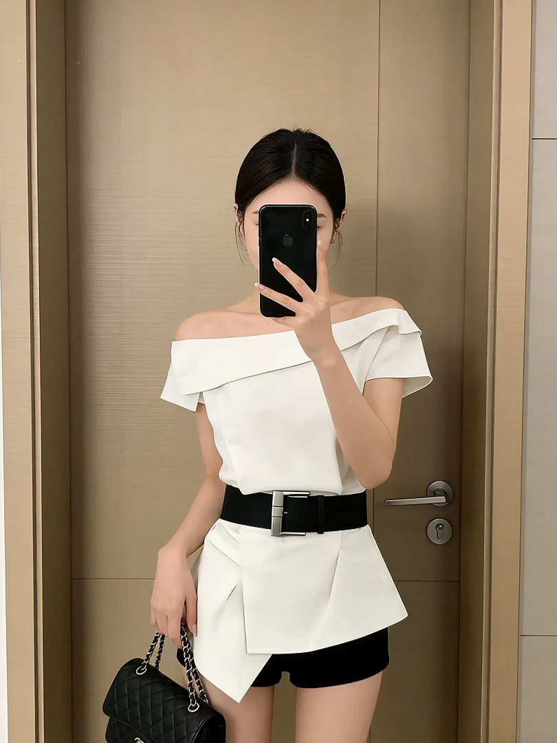

Stylish White One-Shoulder Waist-Cinching Women's Shirt Trendy Age-Defying Elegance Fashionable Top Quality Ladies' Blouse