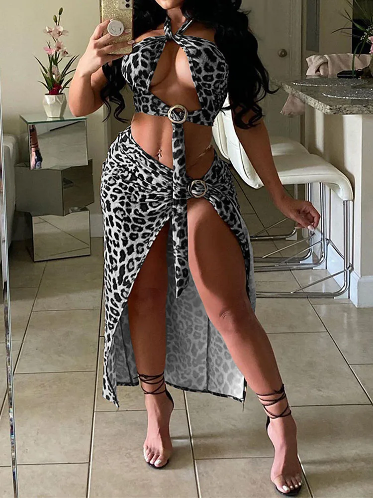 Summer Hot Sexy Asymmetrical Leopard Suit Criss-cross Halter Backless Vest Top And High Slit Midi Skirts Women 2 Pcs Club Outfit