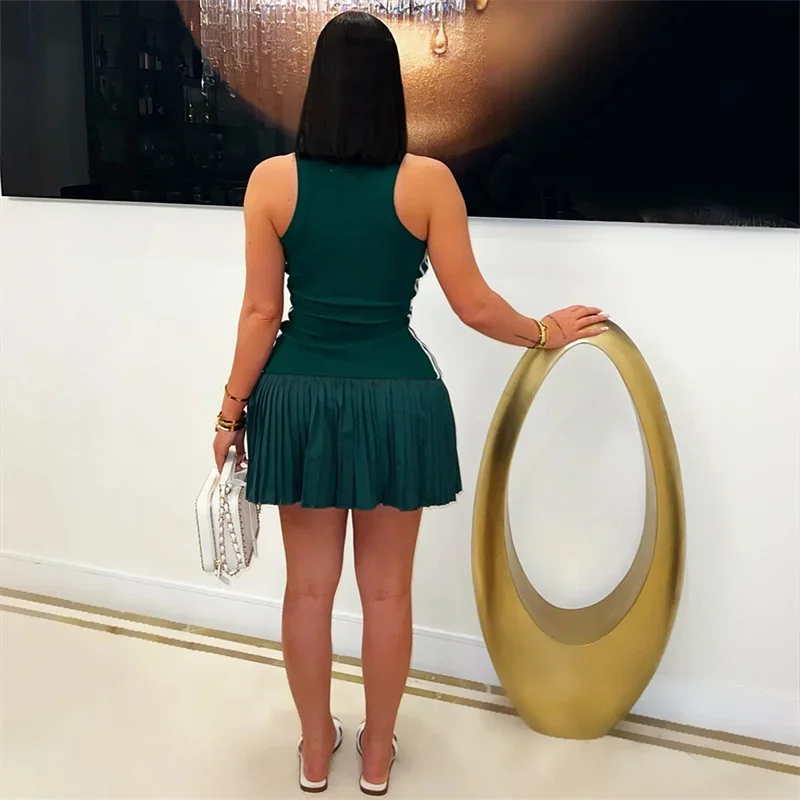Casual de malha verão plissado a linha mini vestido mulher sem mangas o pescoço fino lado listrado elástico festa clube vestidos streetwear