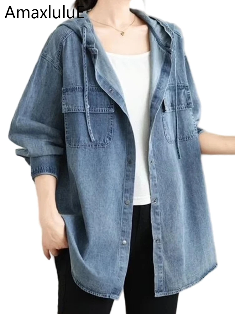 

Amax luluE 2024 Fall Clothes Womens Loose Leisure Hooded Denim Shirts Females Classic Vintage Blouses Korean Fashion Luxury Tops