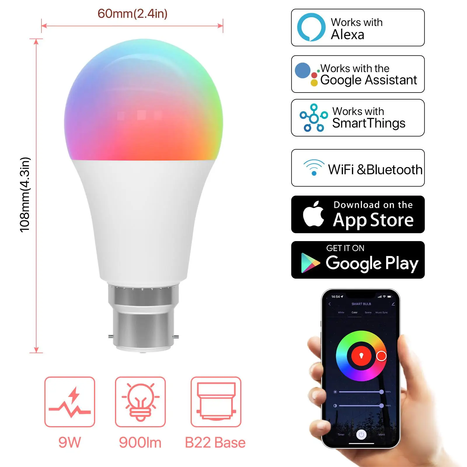 2pcs Smart Light Bulb B22 Bayonet 220V Colour Changing Light Compatible with Echo Alexa Google Home 9W RGBCW Bluetooth WiFi