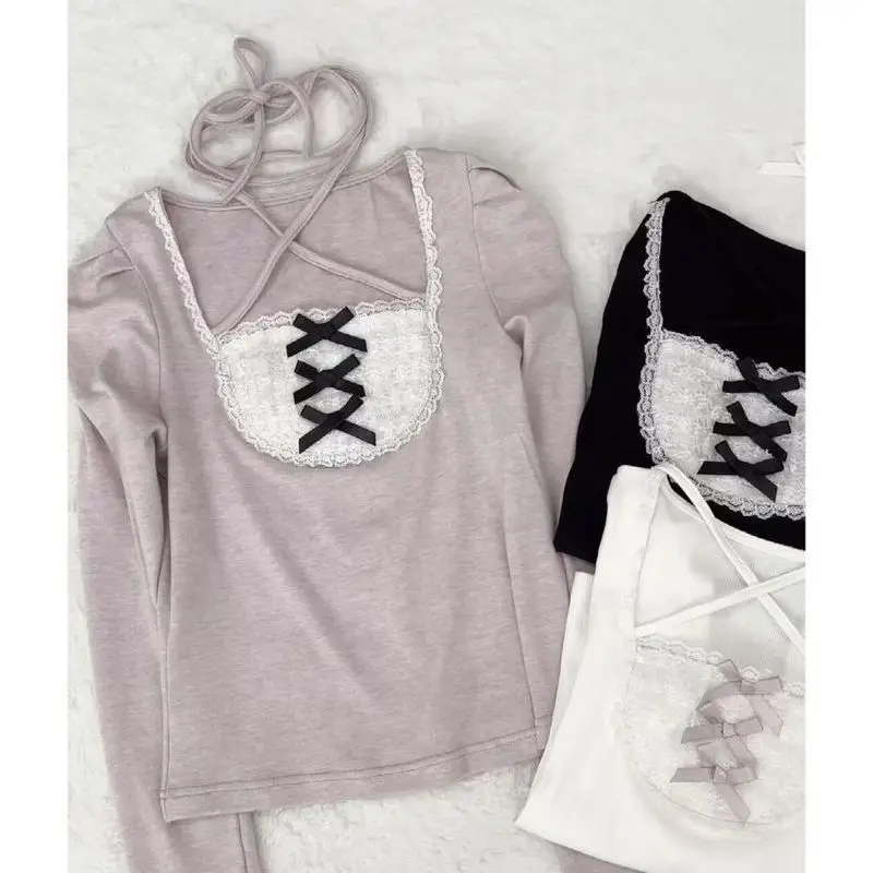 

Deeptown Sweet Coquette T-shirts Women Shoujo Girl Aesthetic Kawaii Japanese Lolita Bow Long Sleeve Lace Patchwork Babydoll Tops