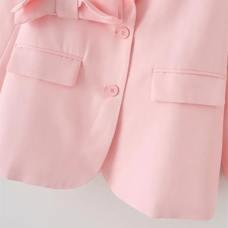 Koreaanse Vrouwen Casual Roze Jasje Boog Decoratie Notched Kraag Lange Mouw Single-breasted Lente Herfst Vrouwelijke Blazers Jas