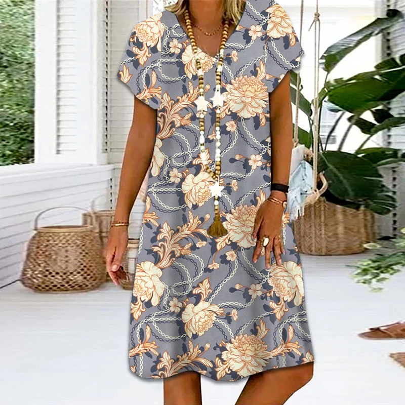 Vestido retrô elegante com estampa floral feminino curto, pulôver casual com decote em v, moda escritório, Festa, verão, 2023