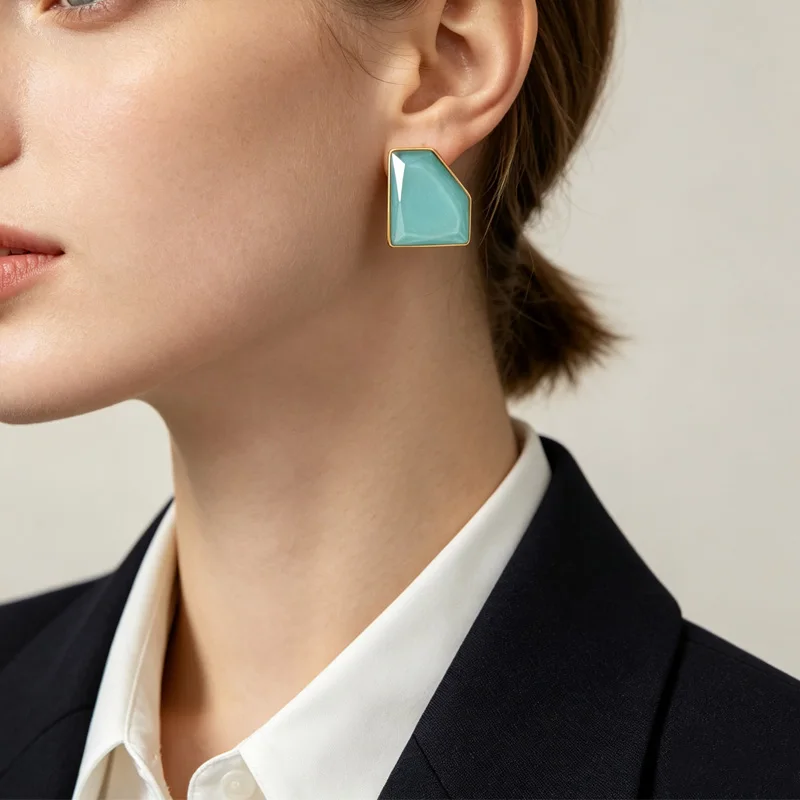 Letdiffery Geometric Irregular Blue Pink Stud Earring Stainless Steel 18k Gold Color Trapezoid Frame Glitter Candy Color Earring