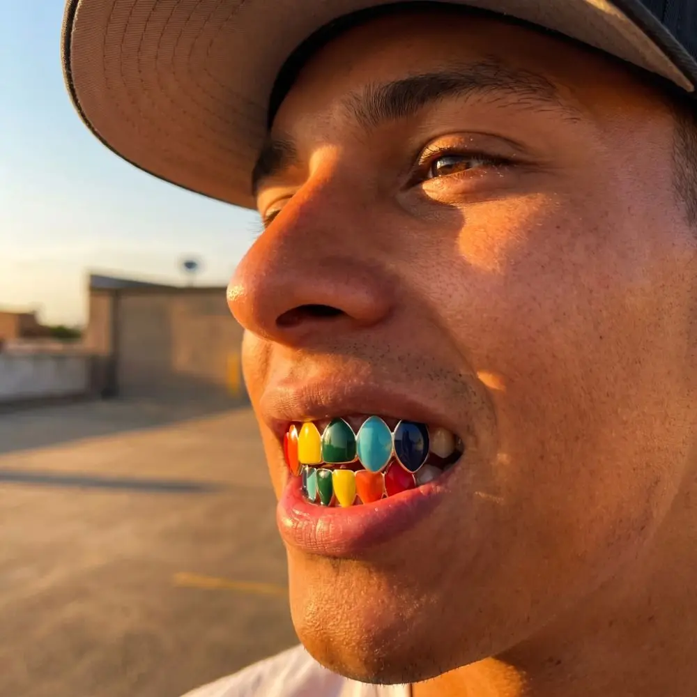 6 Teeth Hip Hop Braces Decoration Exaggerate Design Glossy Finish Colorful Dental Jewelry Top Bottom Set Shiny