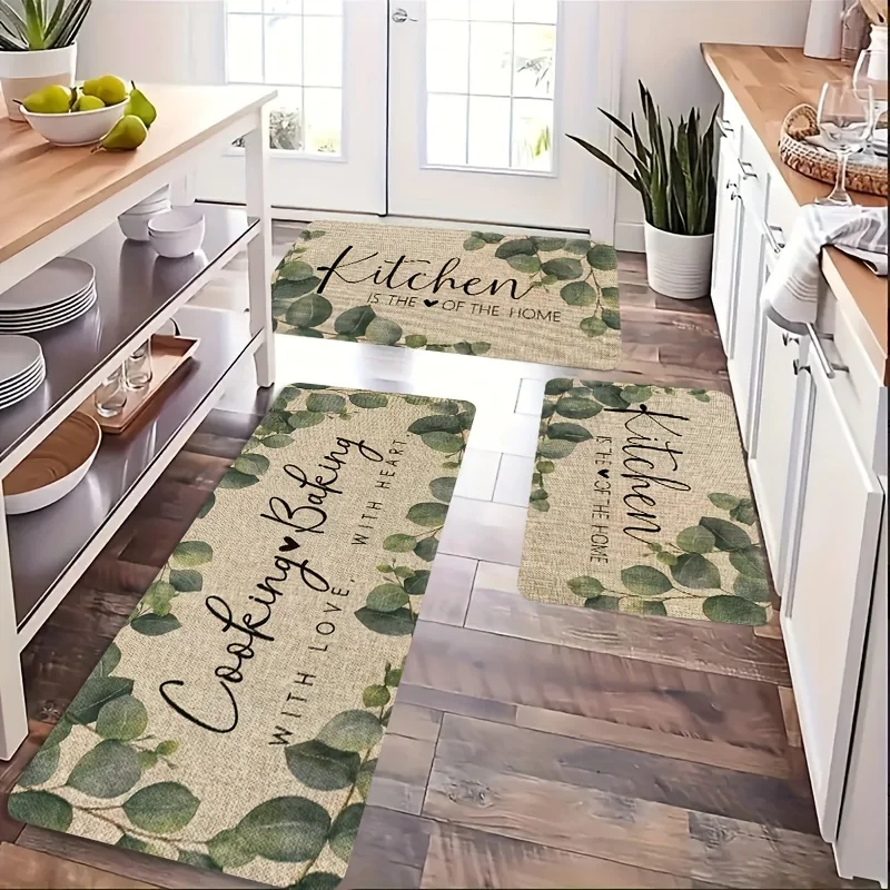 VIKAMA Küchenmatte mit Blumen und Pflanzen, Läuferteppich mit grünem Blattmuster, Waschküche, Badezimmer, Heimdekoration für draußen und drinnen