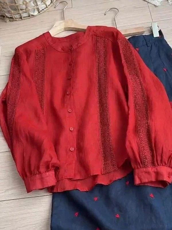 

Red Lace Splice Long Sve round Ne irt Women's New Year Celebration Casual Sle Loose Fit Girl's Faion Top