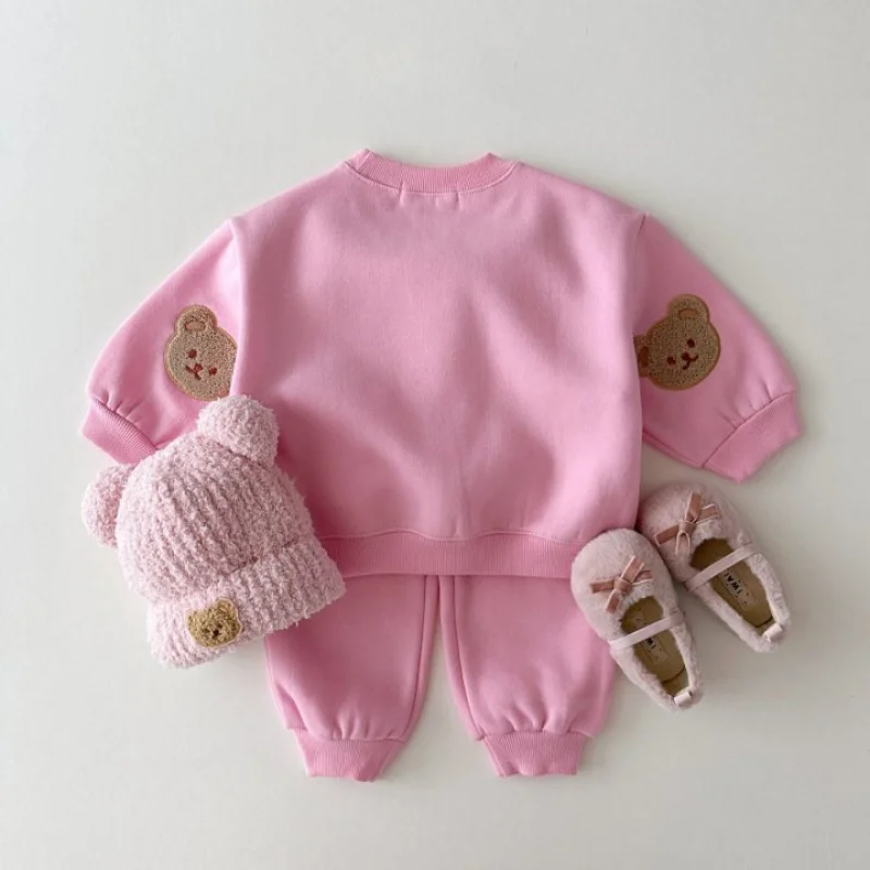 

INS 2Pcs Children's Clothes Set Outfits for Girls Boys Clothing Cute Baby Kids Long Sleeve Bear Knitted Sweatshirt Trousers Suit
