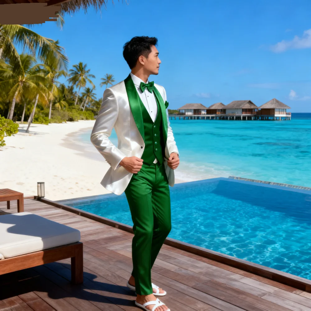 

Elegant Rose Red 3-Piece Slim Fit Men's Suit Double Breasted Blazer Vest Pants Set for Wedding Groom Tuxedo Business Party