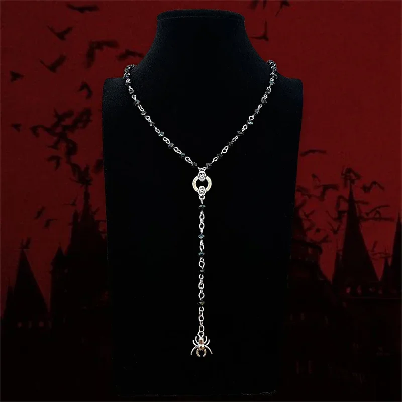 Black Beaded Spider Skull Rosary Necklace Gothic Grunge Witch Wiccan    Halloween Spooky Emo Egirl trad Goth Jewelry Gift