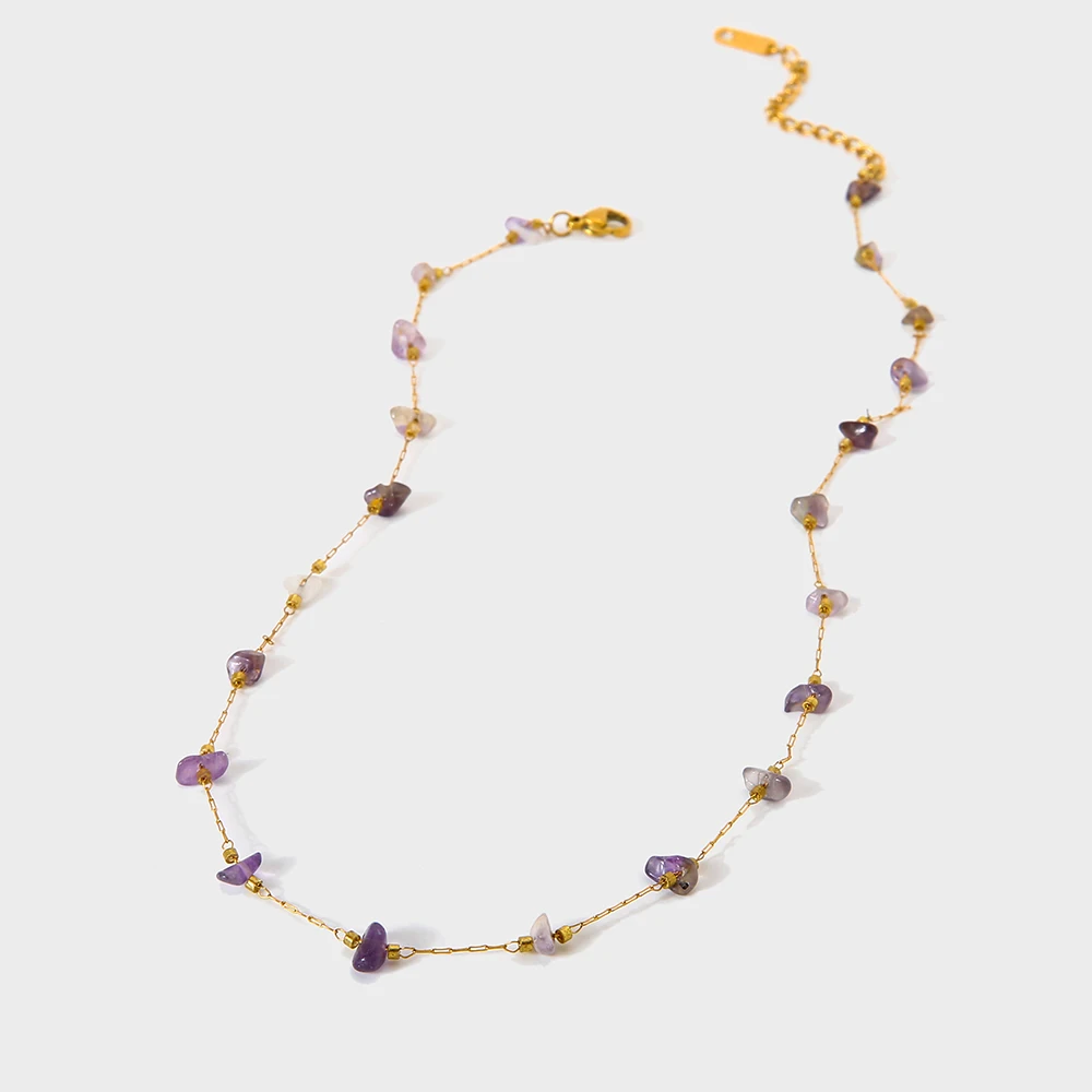 Стильное ожерелье из натурального камня пурпурного цвета, позолота 18К
