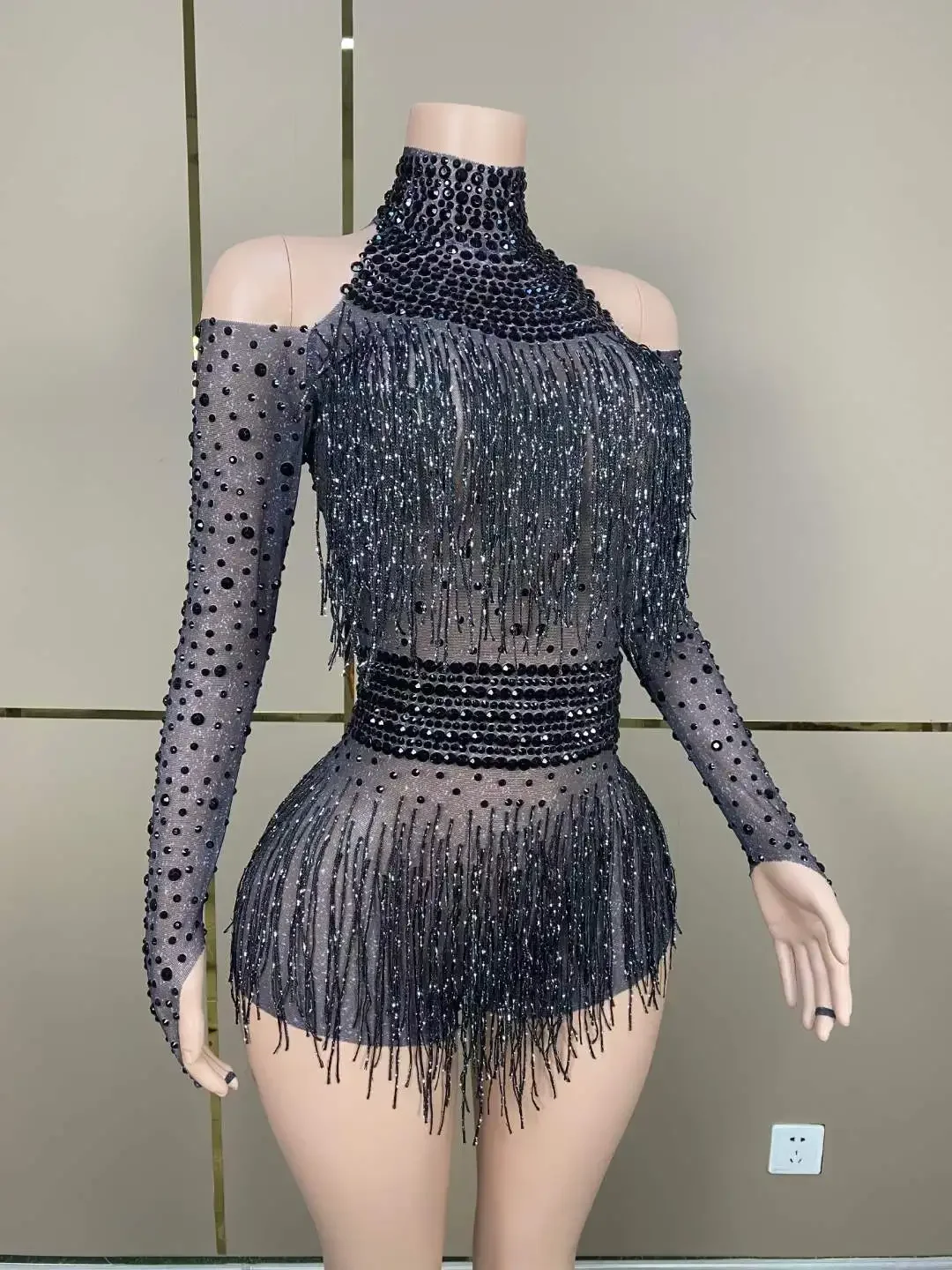 

Nightout Bodycon Graduation Cloth Newyear Women Sparkly Black Long Sleeve Rhinestone Fringe Romper DJ DS Gogo Night Club Dance