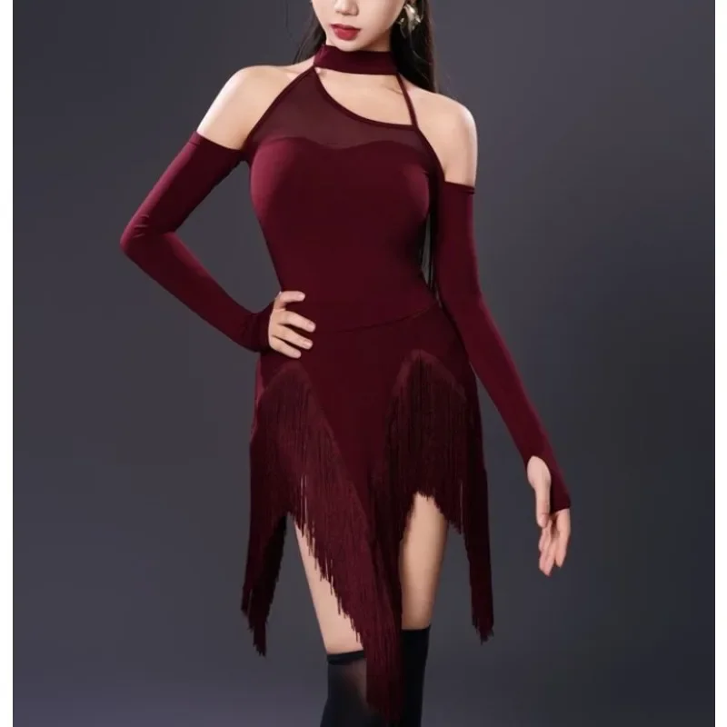 

Summer Latin Dance Outfit Women's Adult Dance Practice Tassel Skirt Neck Hanging Top Sleve Latin Dance Performance