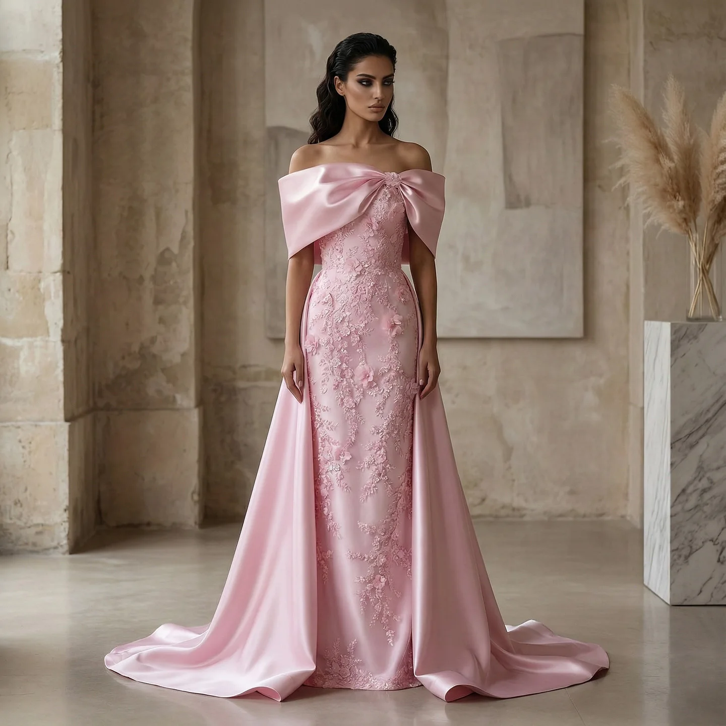 Sharon Said Elegantes Abendkleid in Übergröße mit rosa Schleife, schulterfrei, luxuriöse 3D-Blumen, Damen-Partykleid, Ballkleid XD056, maßgeschneidert – Detail 5