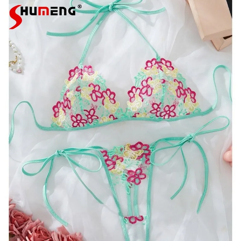 

Pure Desire Sexy Lingerie for Women Temptation Ultra Thin Mesh Bra Thong Set Female Floral Halter Neck Lace Up Bra Suits