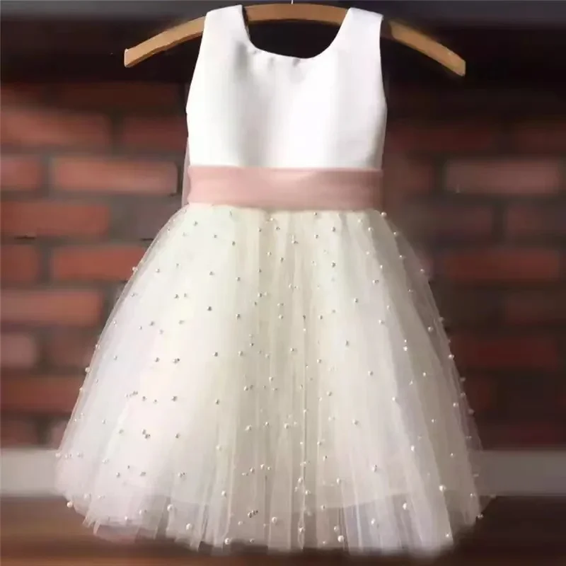 Kids Pearls Tulle Girl Pageant Dresses Sashes Flower Girl Dress Chiffon Bow Sashes First Communion Dress Little princess Dress