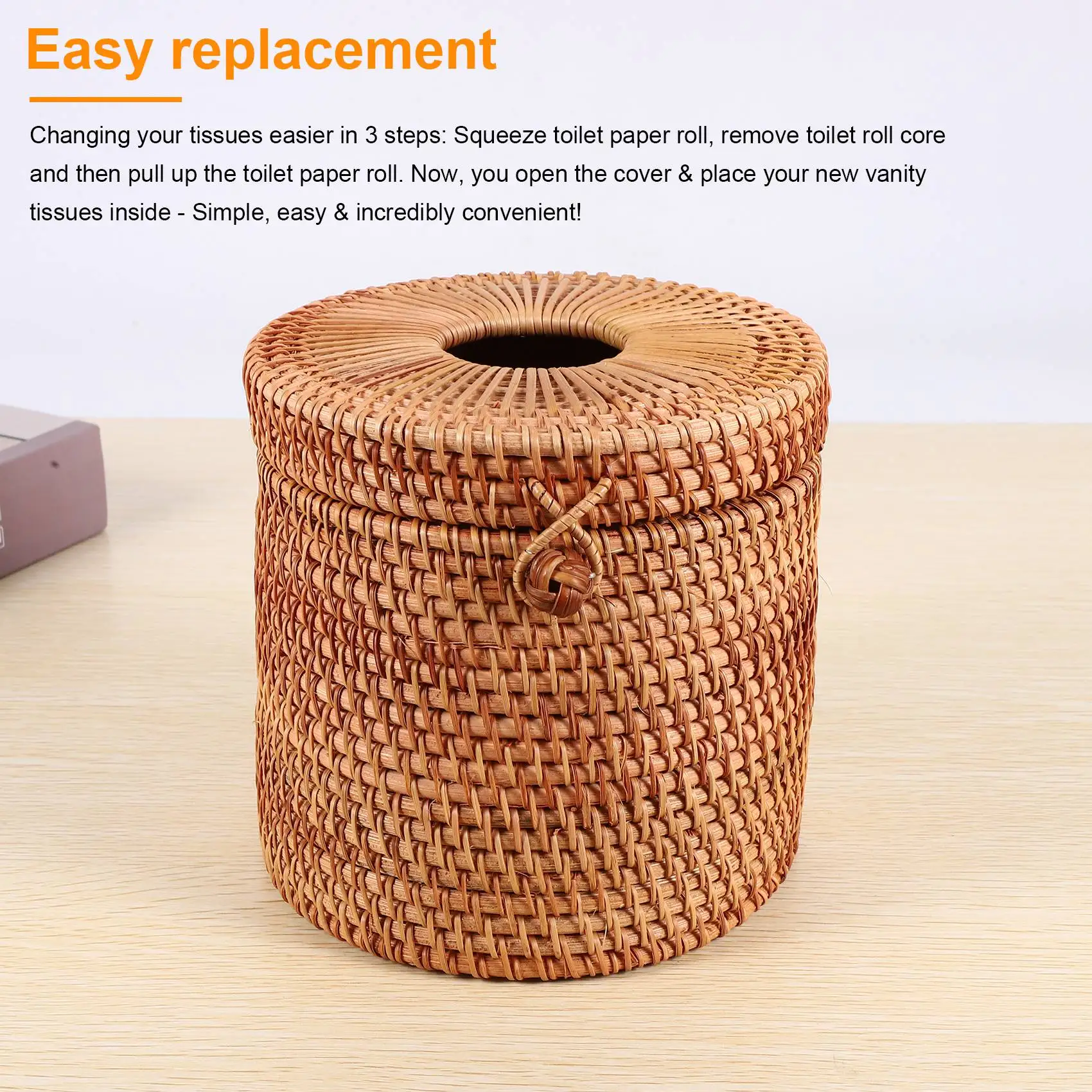 AA26P Rattan Tissue Box Toilet Paper Cover Wicker Decorative Holders with Lid for Storage Single Roll and Tissues in Bathroom