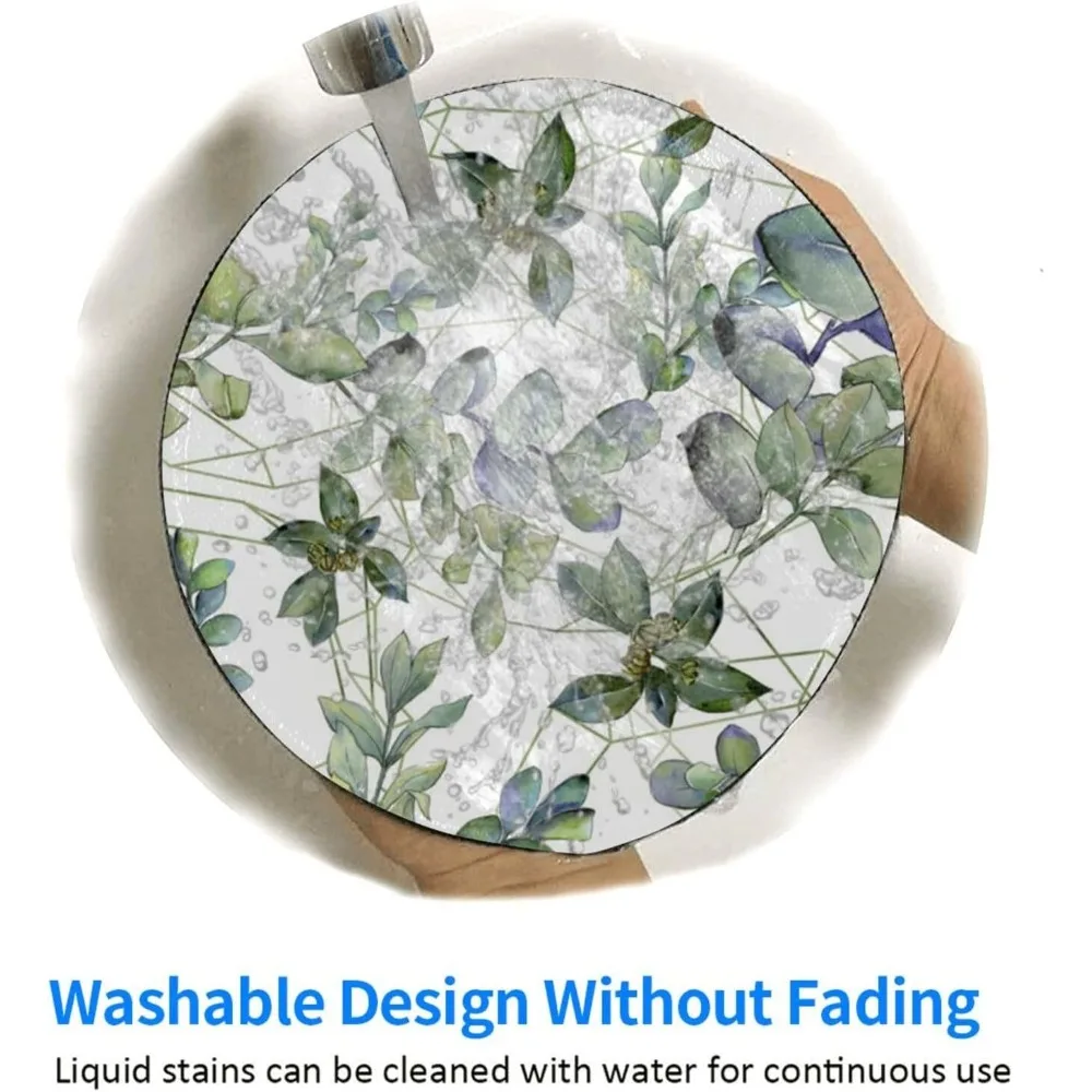 지름 8인치, 스티치 처리된 가장자리, 미끄럼 방지 고무 베이스가 있는 녹색 유칼립투스 잎 무늬 게이밍 마우스 패드