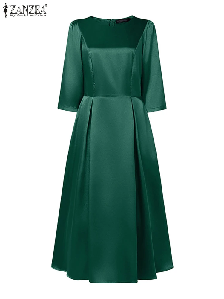 เดรสซาตินสำหรับงานปาร์ตี้ ดีไซน์หรูหราทันสมัย แบรนด์ ZANZEA คอทรงโอ แขน 3/4 ทรงเข้ารูปช่วงเอว จับจีบแบบกลับด้าน ทรงเอไลน์ ความยาวปานกลาง ไซส์ S-3XL